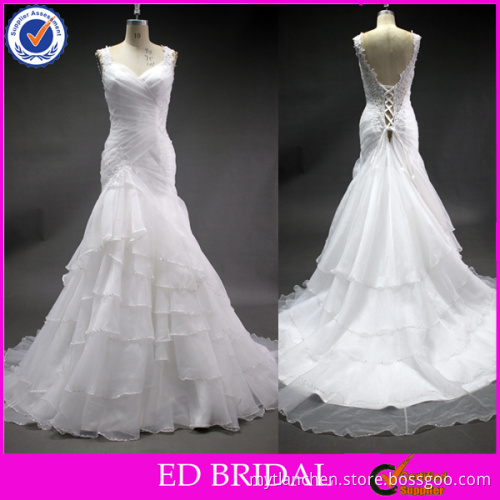 LN35 Delicate Beaded Hemline Sexy Low Back Mermaid Alibaba Real Sample Tiered Organza Fabric Wedding Dress